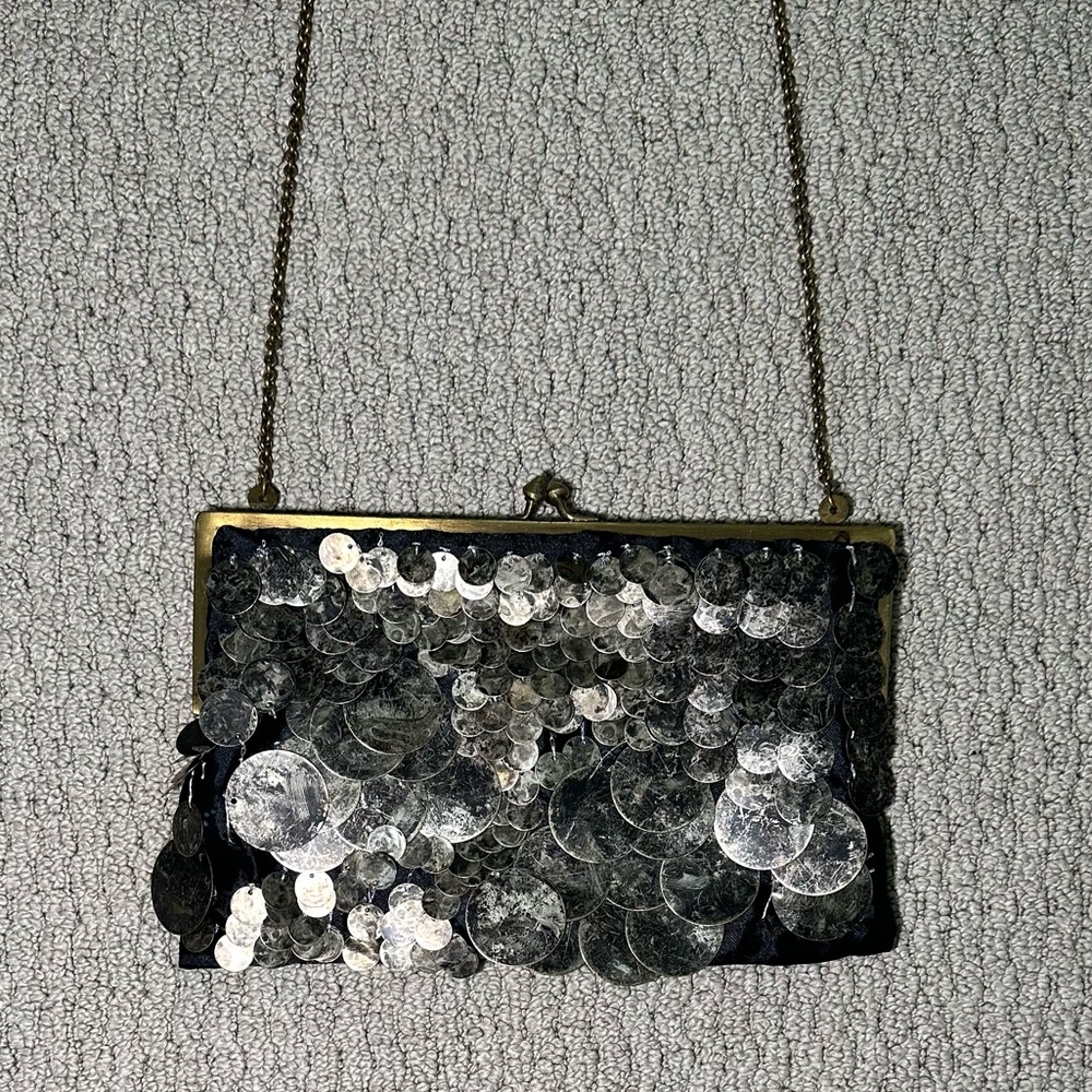 Vintage Antiqued Sequin Purse with Brass Chain